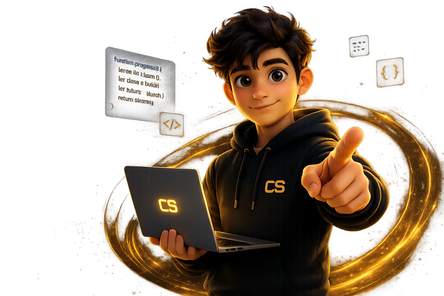 طالب من Code Spark يحمل حاسوبًا ويدعو المتعلمين لبدء البرمجة